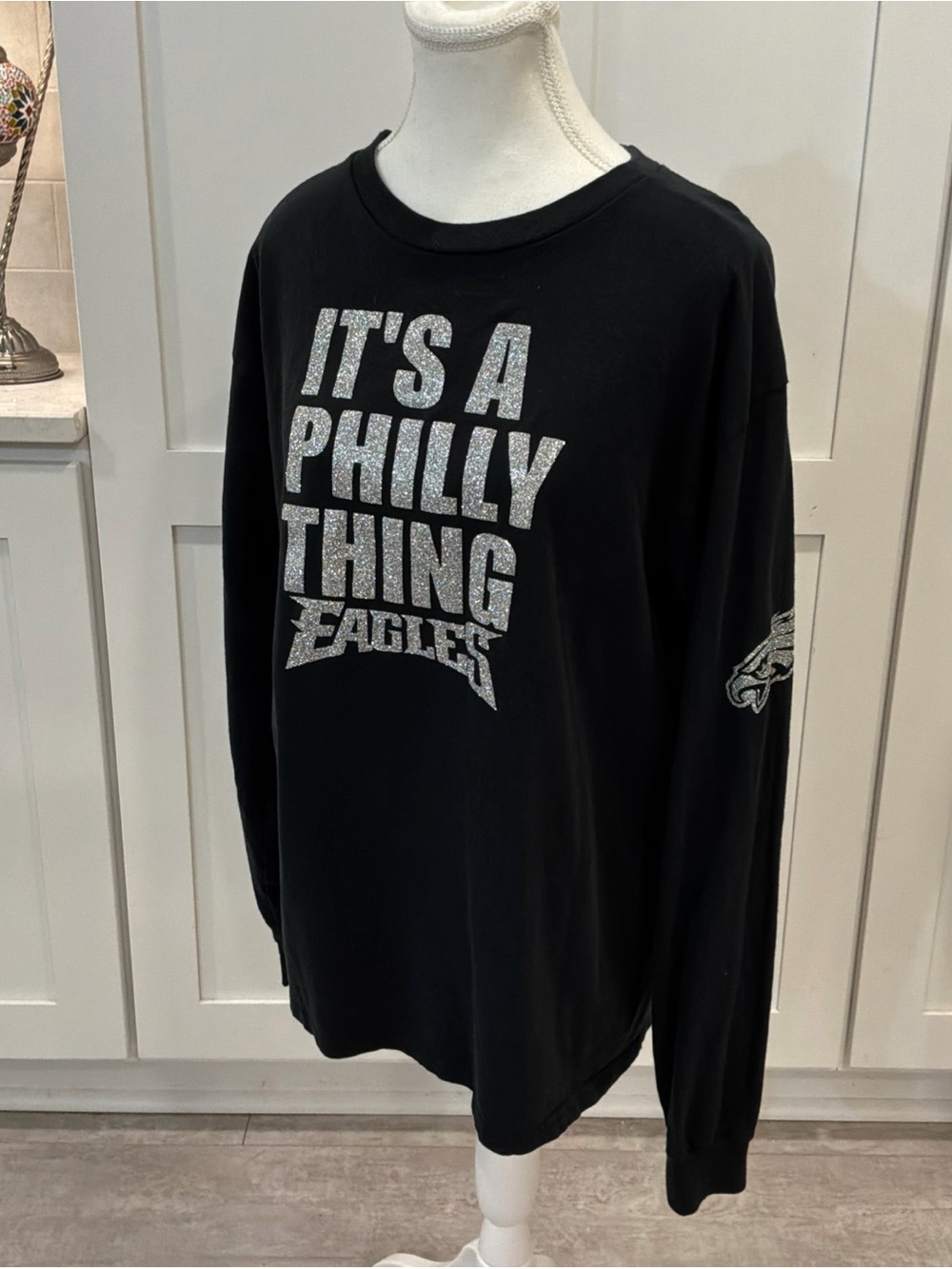 Womens Philadelphia Eagles Sparkle Long Sleeve Black Tee Shirt L A Philly Thing